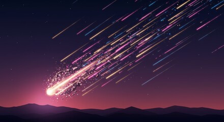 Meteor shower over mountains at night