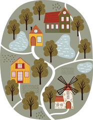 Vector illustration in flat cartoon style. Fun and educational farm map with barn, windmill, animals, tractor, and trees. Isolated on white. Perfect for kids&rsquo; posters, games, and learning tools.