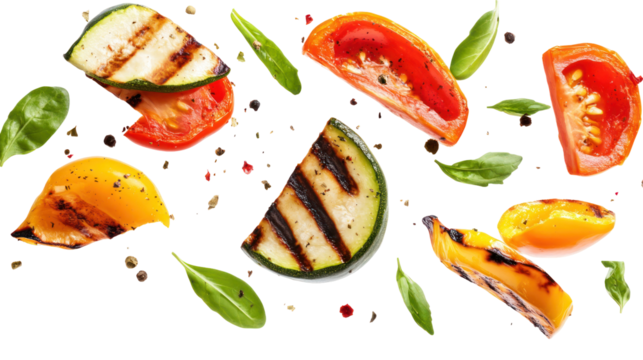 Falling Grilled Vegetable Slices Isolated on Transparent Background

