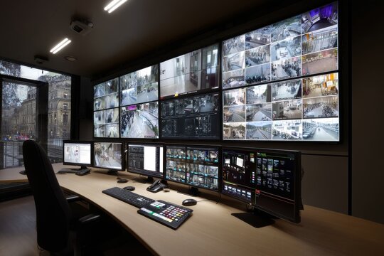 A modern security control room with multiple monitors displaying surveillance footage, providing comprehensive monitoring of various locations and ensuring security protocols.