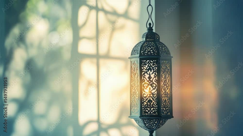Poster a lantern hangs from the side of a window, providing warm light