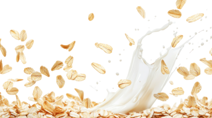 Falling Oat Flakes and Oatmeal with Milk Splash Isolated on Transparent Background

