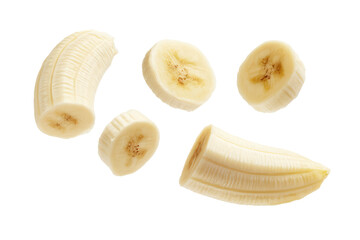 A close up shot of several slices of banana against a black background showing the fruit's texture on transparent background