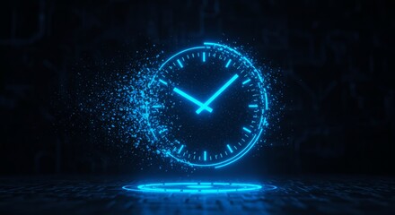 Neon clock disintegrates into particles, emitting bright blue light. Dark tech background