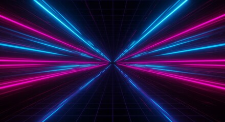Neon glow lines converging on grid pattern. Blue and pink light streaks to center point