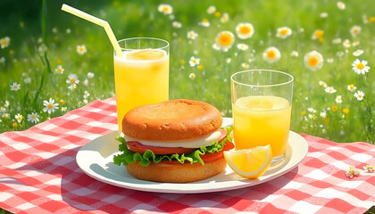 Art object, plate with sandwich and lemonade on a picnic tablecloth
