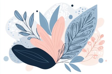 Tropical leaves and plants, pastel pink and blue colors, simple shapes, flat design, vector illustration, background