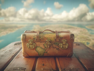 Vintage Suitcase with World Map Design on Scenic Background