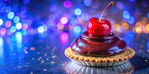 A Single Chocolate Tart Topped With a Cherry, Set Against a Background of Colorful Bokeh Lights