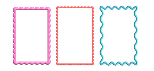 3d multicolor wavy frame. Render of rectangular scallop border in trendy y2k style for modern posters