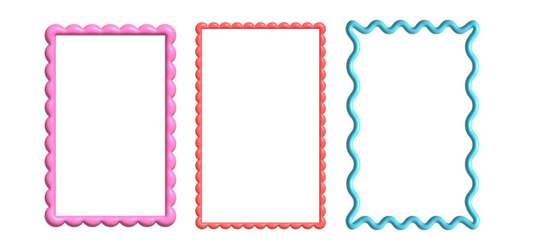 3d multicolor wavy frame. Render of rectangular scallop border in trendy y2k style for modern posters