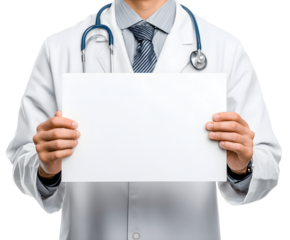 A doctor with a stethoscope around his neck holds a blank paper, ready for text.