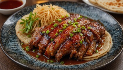 Crispy Peking duck with hoisin sauce, pancakes, and scallions-styled for gourmet restaurant menus