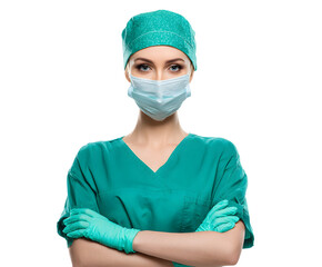 A female doctor in surgical attire, wearing a mask, ready to provide medical assistance.