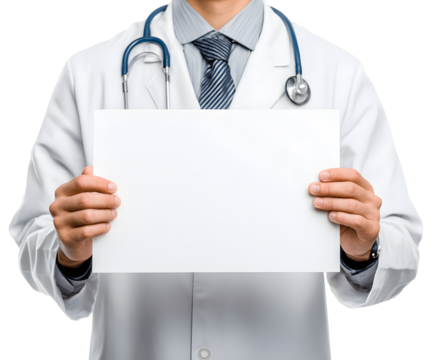 A doctor with a stethoscope around his neck holds a blank paper, ready for text.