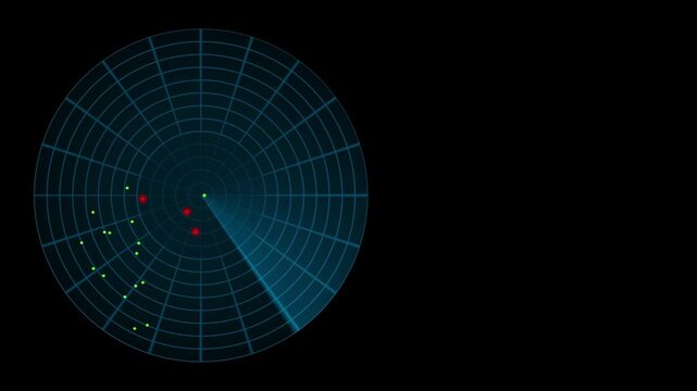 animation of HUD display showing blinking moving points coordinate on green blue radar scan with copy space area