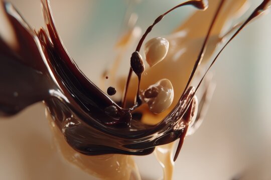 An artistic and dynamic close-up shot of dark chocolate and creamy caramel swirling and splashing together, capturing the delicious moment in a visually stunning way.