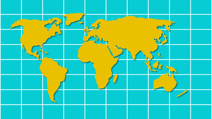 Simplified world map illustration in yellow and blue with a gridded background design for global awareness and geographical representation
