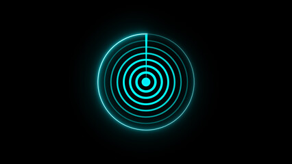 Animated neon radar graphic on a black background representing technology surveillance or data analysis with glowing rings