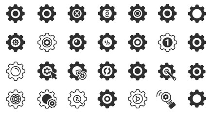 Gears icon set. Setting gears icon. Collection of mechanical cogwheels. White background. Vector illustration with black sprocket sign icons design element.