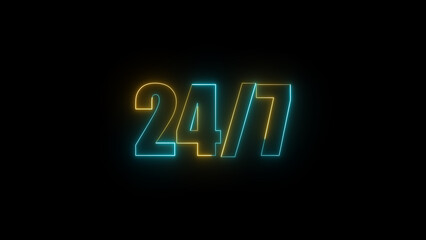 Neon style 24/7 sign on black background illustrating always available service availability support around the clock and constant customer service accessibility