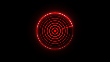 Digital radar screen with glowing red neon circles and sweep, highlighting concept of detection, analysis, and technological monitoring, set against black background