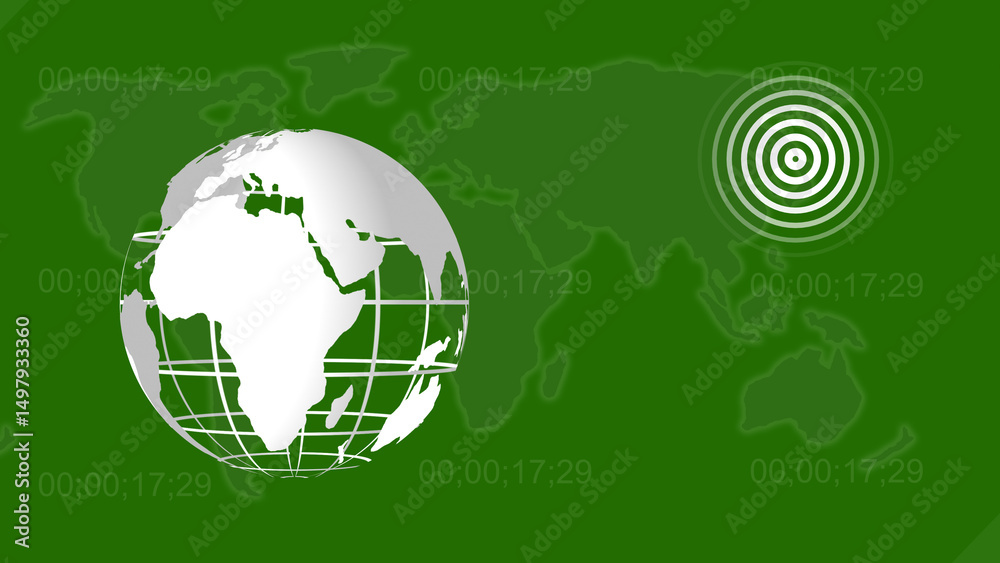Poster global news coverage visualization with timecode elements world globe and a target icon over a green