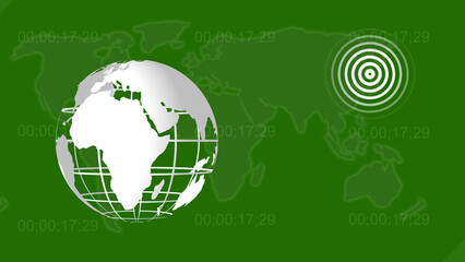 Global news coverage visualization with timecode elements world globe and a target icon over a green background illustrating worldwide reporting and current events