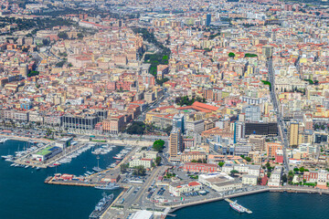 Aerial view of the port and surrounding neighborhoods of Cagliari. Sardinia, Italy