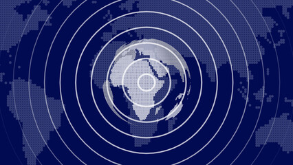 Abstract illustration of a world map with concentric circles representing a global network or seismic activity on a deep blue background