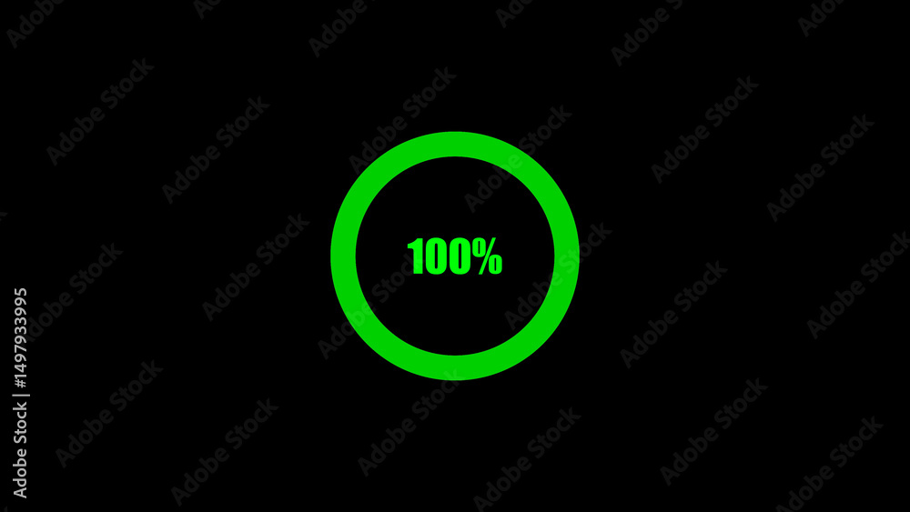 Poster green circular loading progress bar icon indicating 100 percent completion on a black background for