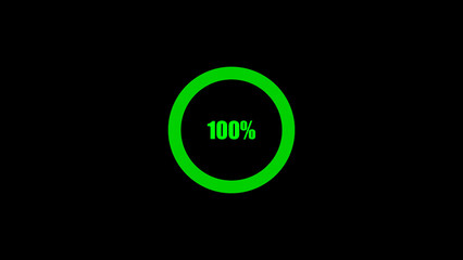 Green circular loading progress bar icon indicating 100 percent completion on a black background for user interface design elements and digital projects