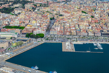 Aerial view of the port and surrounding neighborhoods of Cagliari. Sardinia, Italy