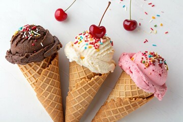 Three Delicious Ice Cream Cones Chocolate Vanilla and Strawberry on white background