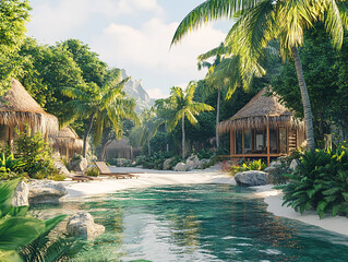 Tranquil Seaside Escape with Golden Sunset Over a Tropical Shore