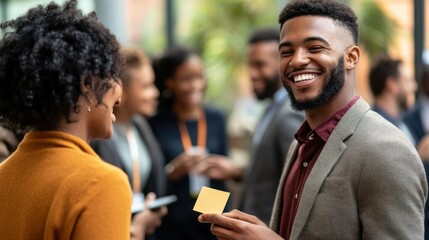 Obraz premium Smiling man exchanging business card at networking event with a diverse group.