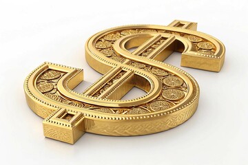 Golden Dollar Sign 3D Render Luxury Symbol Wealth Finance Currency Money Success Business Investment Economics Affluence Prosperity Capital Credit Payment Transaction on white background
