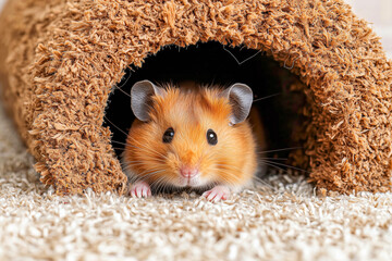 A golden-brown hamster peeks out from a textured, brown tunnel. Its large, dark eyes and tiny paws are visible, set against a soft, beige carpet.