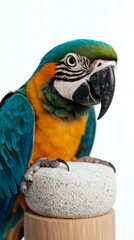 A vibrant blue and yellow macaw perches on a textured, round stone. Its feathers display rich hues, and its sharp beak contrasts with the smooth surface beneath.