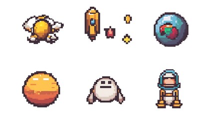 Collection of pixel art space themed sprites including an astronaut and various planets and objects