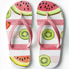 A pair of summer beach flip-flops on the white isolated background with bright print of tropical fruits watermelons, kiwi. Realistic illustration, close-up top view.
