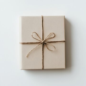 Gift box tied with string bow on white background
