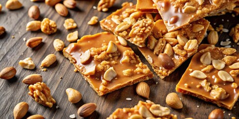 Fototapeta premium A close-up view of a delicious assortment of peanut brittle squares, topped with nuts and caramel, scattered across a wooden surface