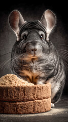 A fluffy gray chinchilla sits next to a mound of light brown grain. Its large ears are perked up, and its round eyes reflect curiosity in a dimly lit setting.