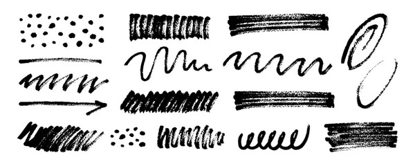 Hand drawn charcoal stroke set. Grunge brush lines and scratchy textures in various forms. Vector elements for underlining, highlighting, text notes and design