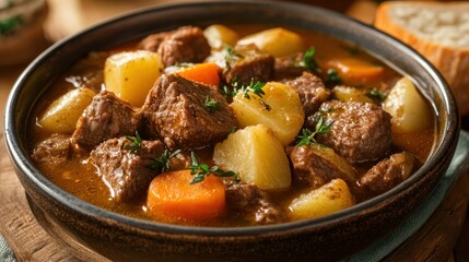 Hearty beef stew in a rustic bowl, featuring tender meat and vegetables.