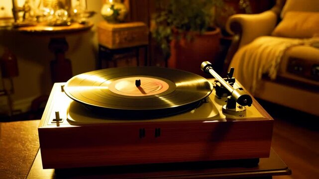 Vintage vinyl record player sits ready to spin music in warm inviting interior room setting.