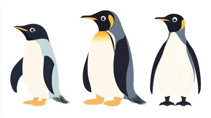 Obraz premium A trio of colorful penguins standing in a row, showcasing their unique features and playful nature.