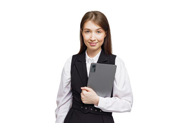 Professional woman confidently holds a tablet while dressed in a chic black vest and white blouse