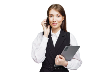 Professional woman engaging in a conversation while holding a tablet in a well-lit environment